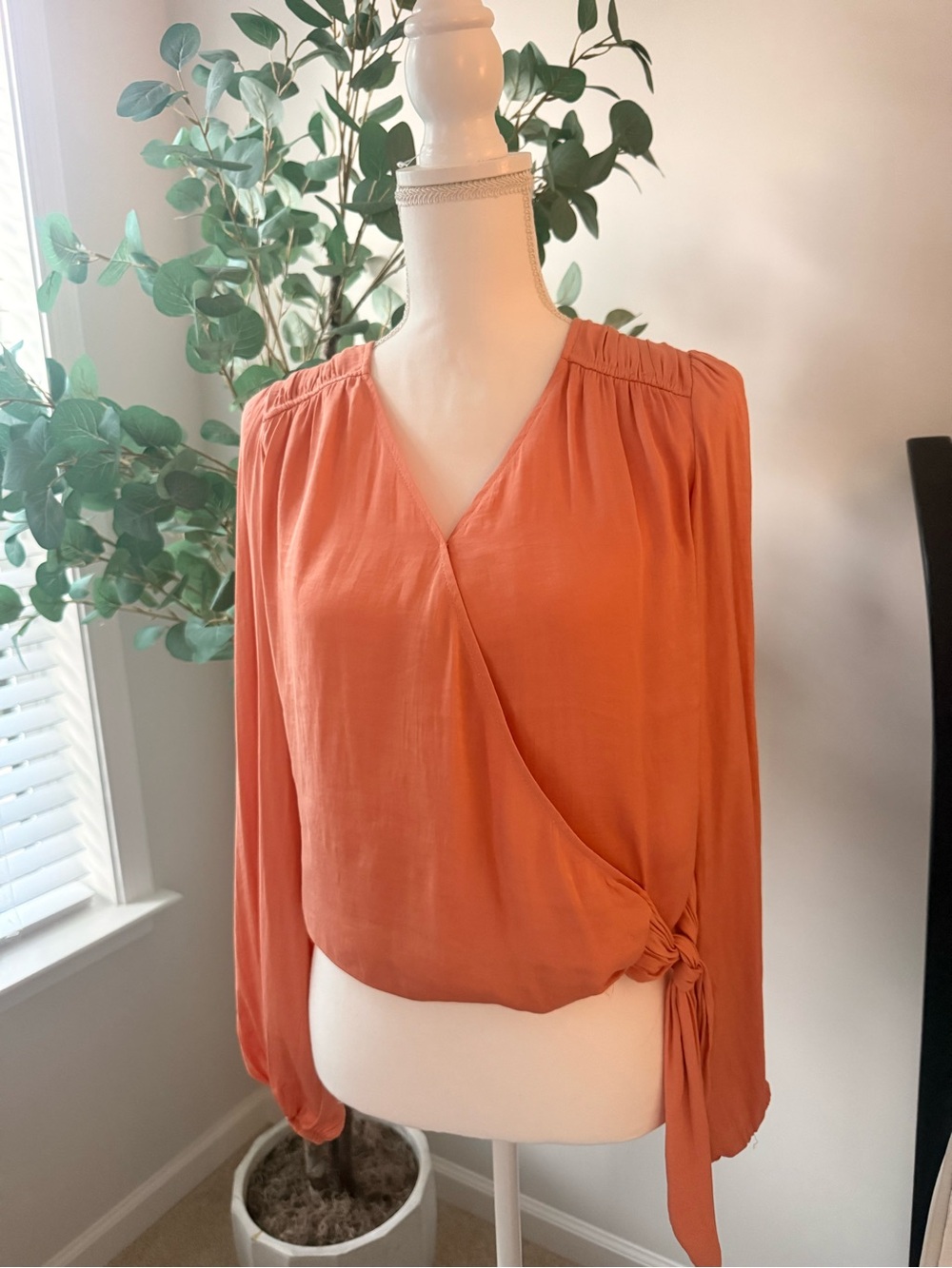 Maison d'Amelie long-sleeve wrap blouse in a burnt orange or rust hue Size M